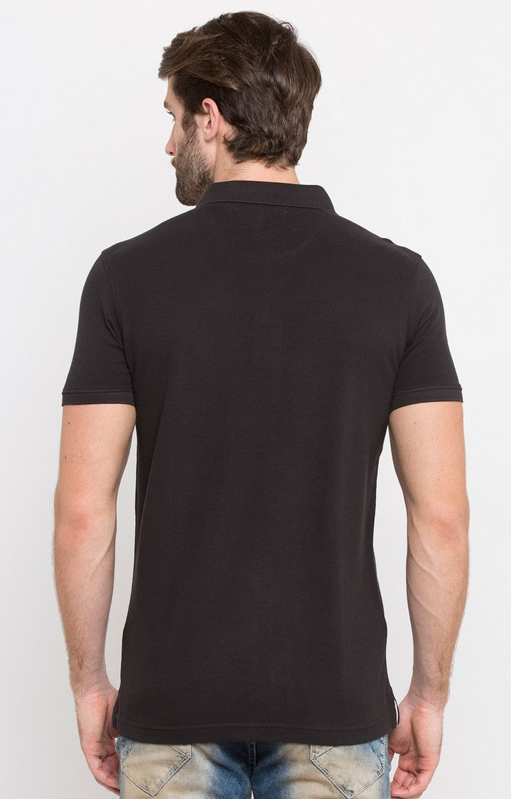 Spykar Jet Black Solid Slim Fit Polo T-Shirt