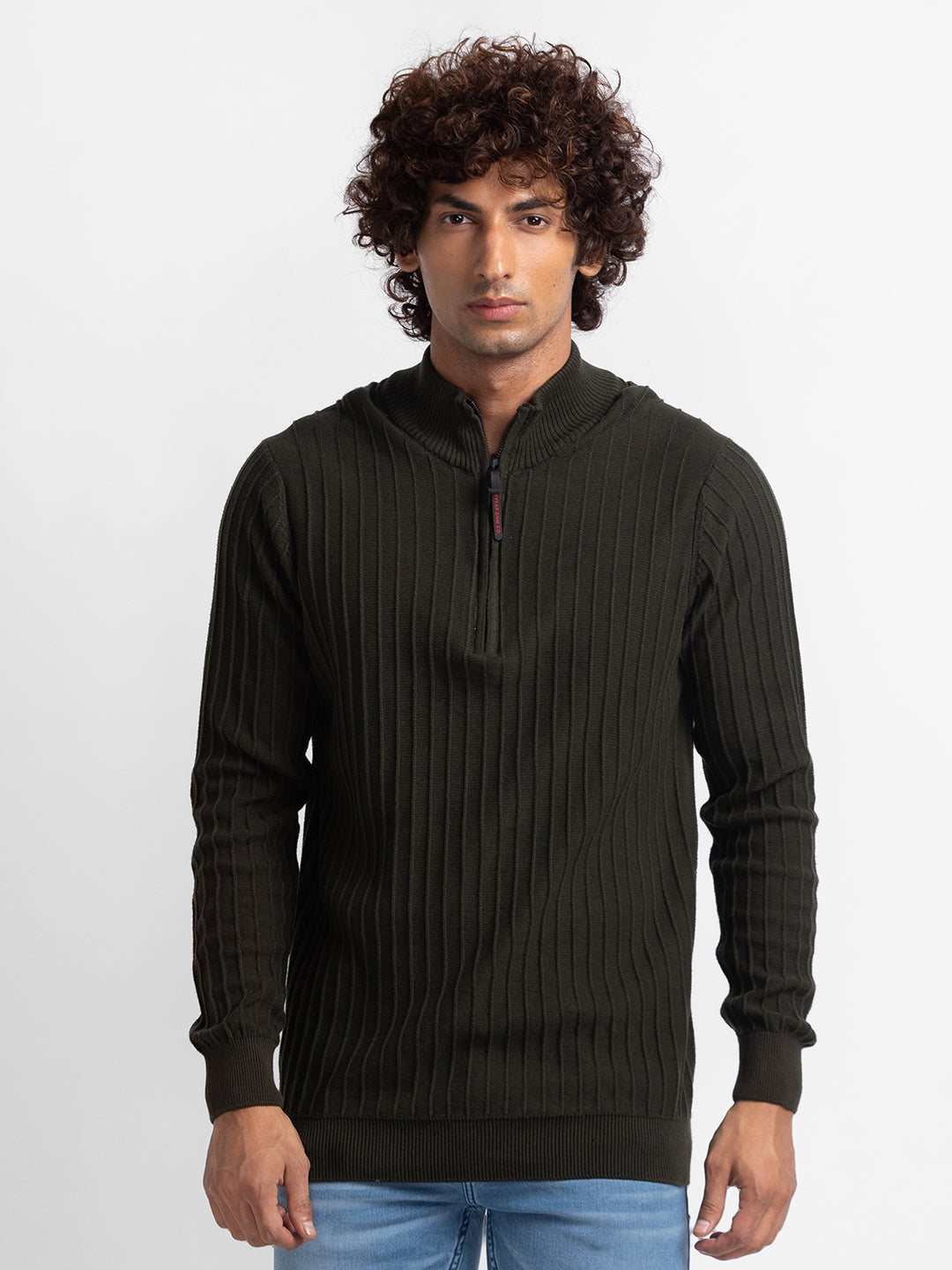 Spykar Olive Green Cotton Full Sleeve Casual Sweater For Men
