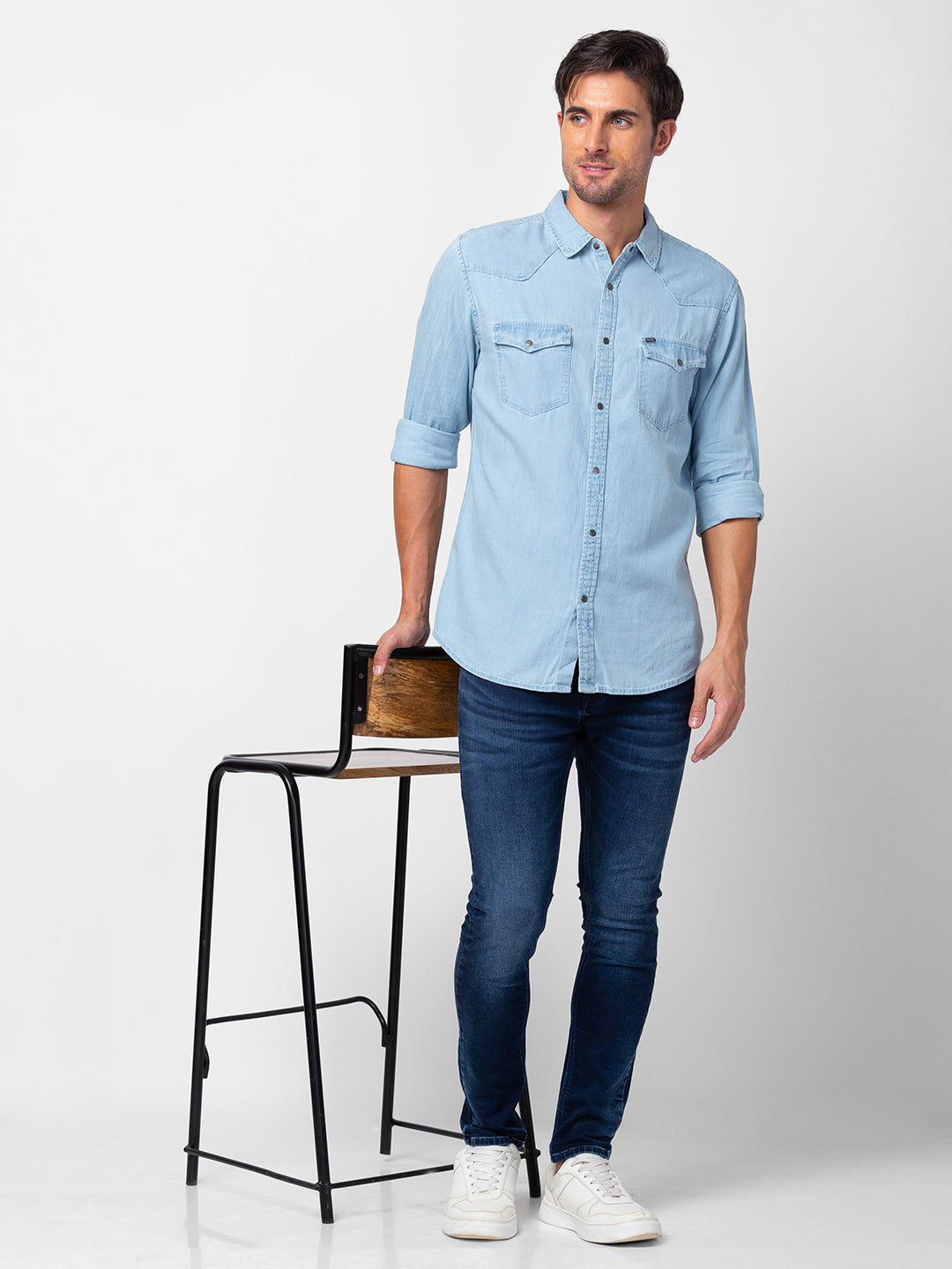 Spykar Men Ice Blue Cotton Slim Fit Denim Shirt