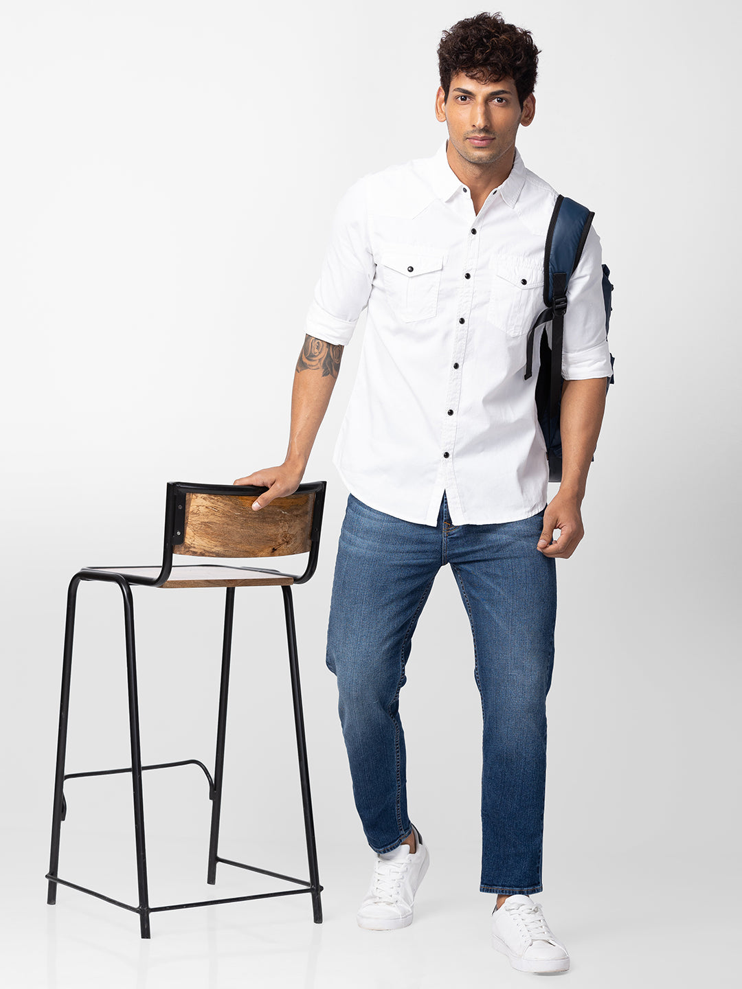 Spykar Men White Cotton Slim Fit Plain Shirt