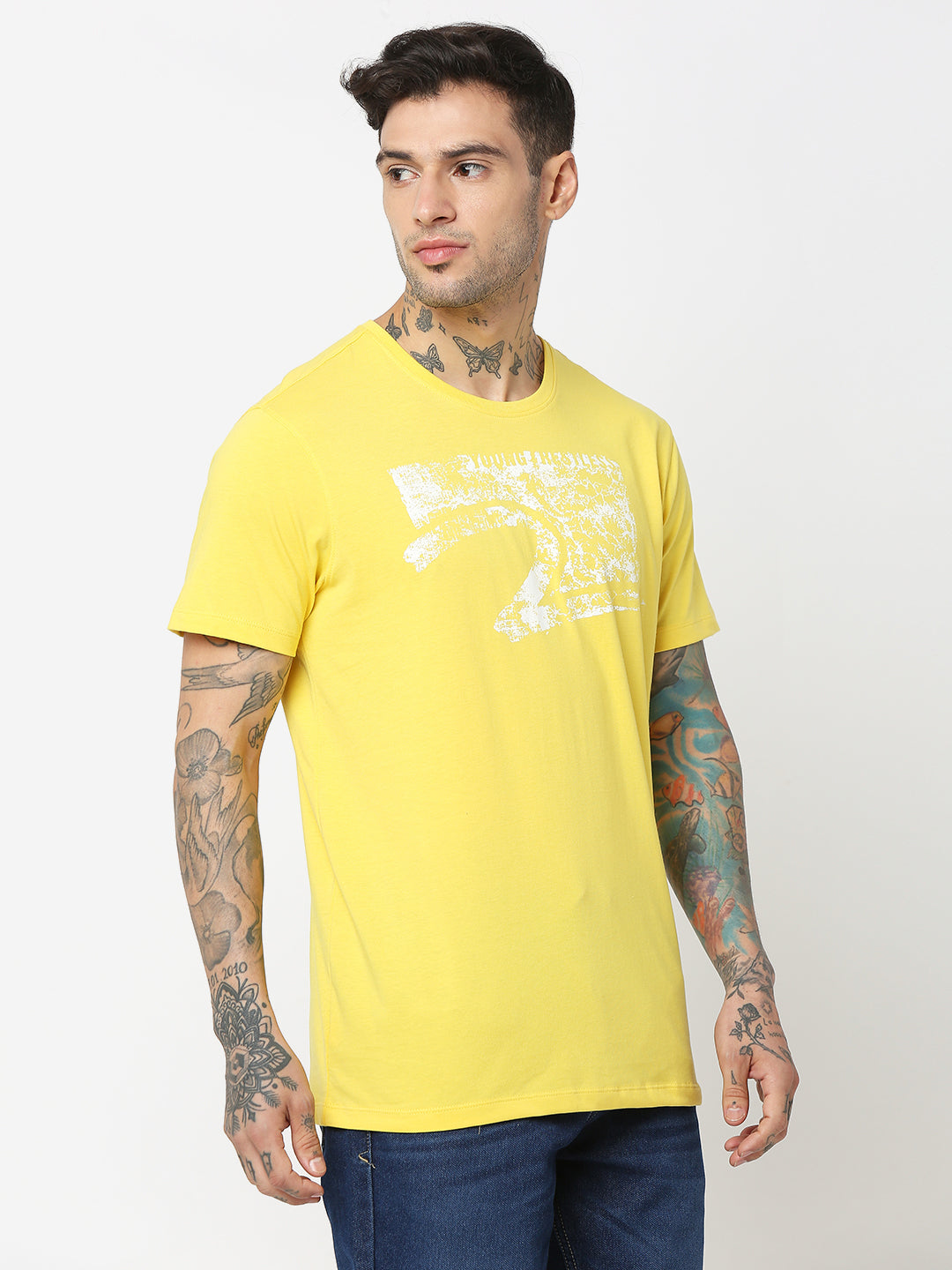 Spykar Men Yellow Cotton Slim Fit Round Neck Printed T-Shirt