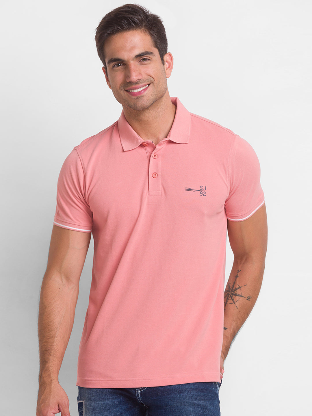 Spykar Dusty Pink Cotton Half Sleeve Plain Casual Polo T-Shirt For Men