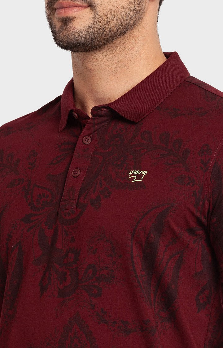 Spykar Wine Cotton Half Sleeve Printed Casual Polo T-Shirt For Men