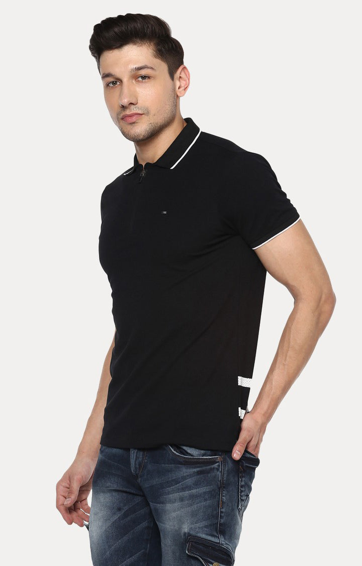 Spykar Black Solid Slim Fit Polo T-Shirt