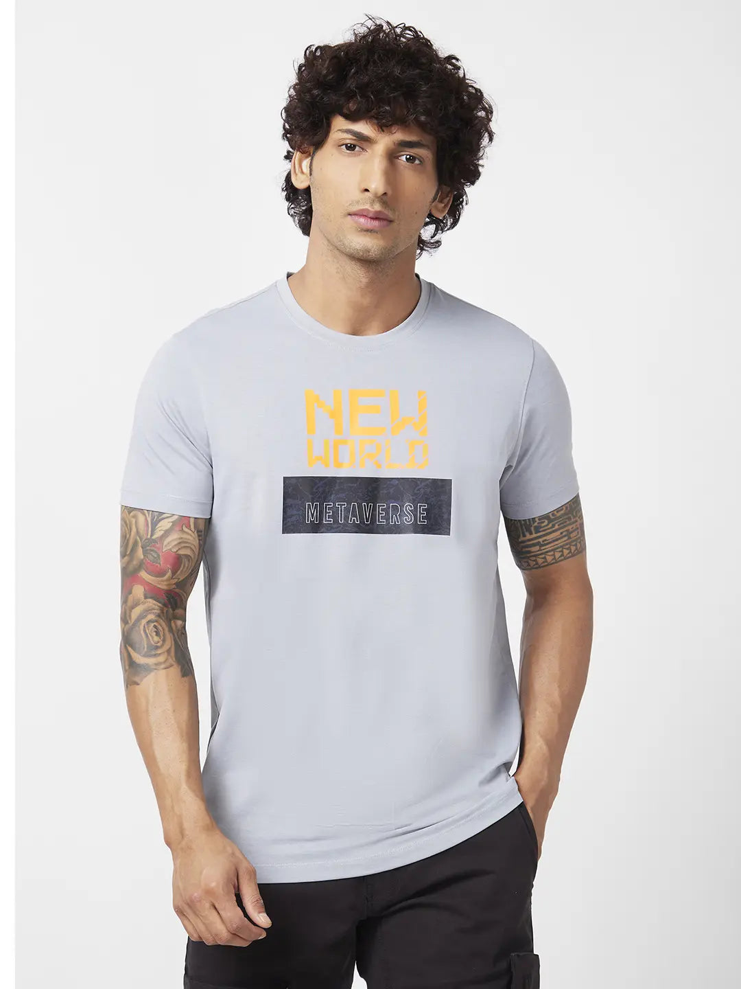 Spykar Men Grey Blended Slim Fit Half Sleeve Round Neck Printed Tshirt