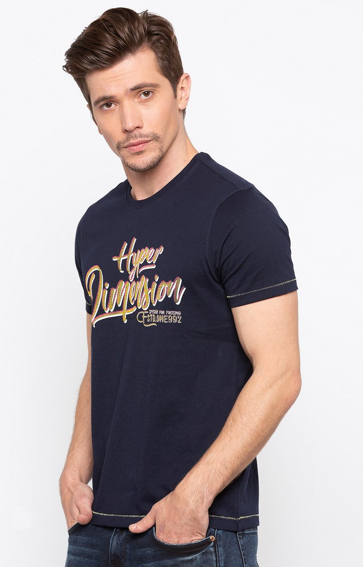 Spykar Navy Blue Printed Slim Fit Men T-Shirts