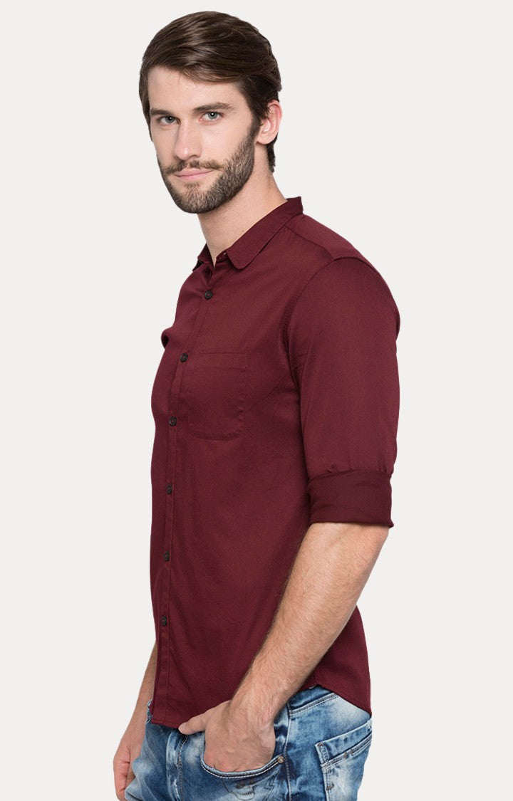 Spykar Men'S Red Satin Solid Casual Shirts