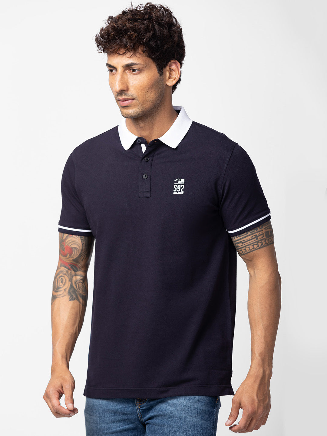 Spykar Men Navy Blue Cotton Regular Fit Half Sleeve Plain Polo T-Shirt