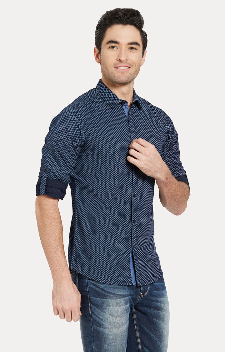 Spykar Men'S Blue Cotton Printed Casual Shirts