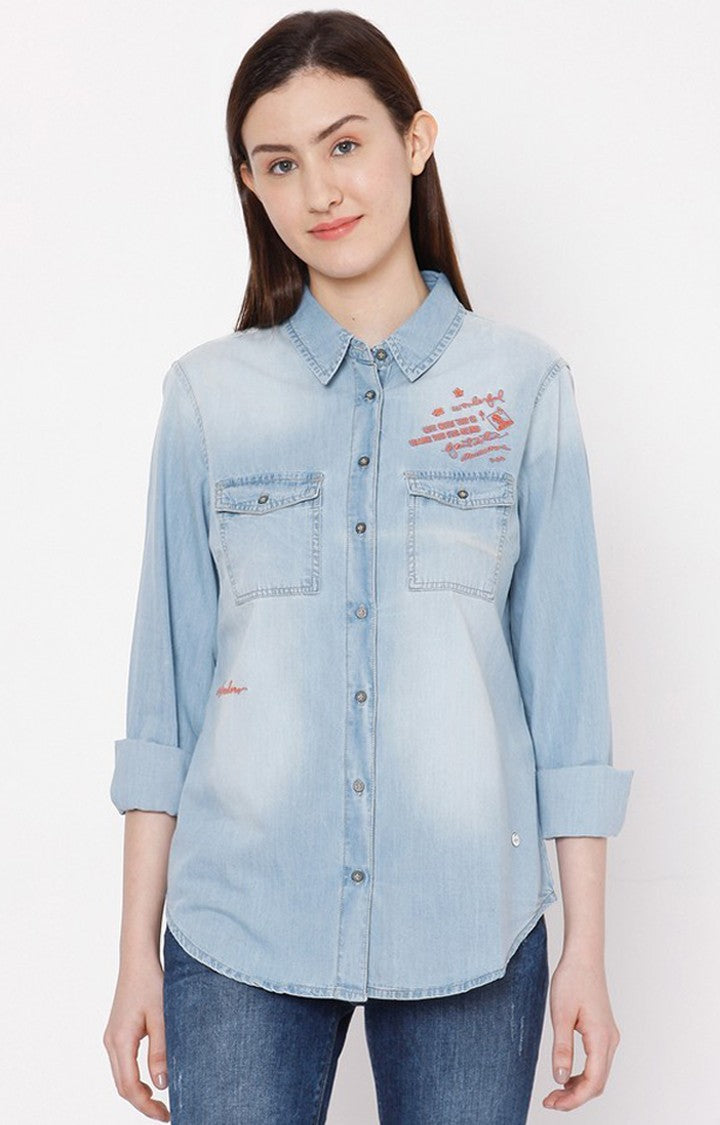 Spykar Women Light Blue Cotton Regular Fit Denim Shirt