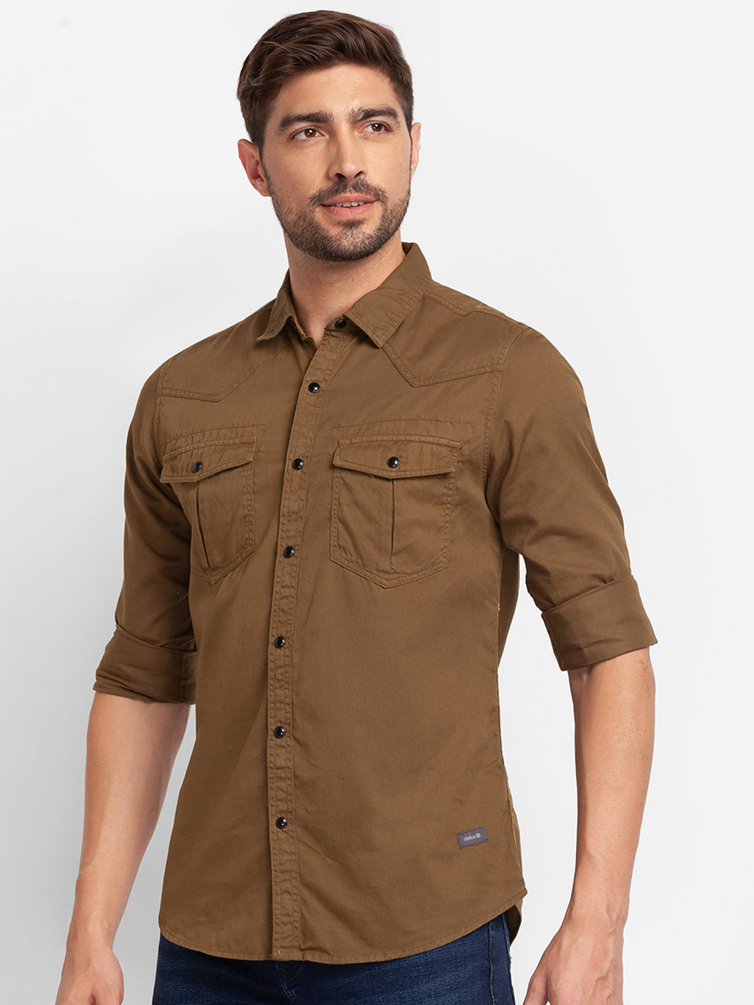 Spykar Olive Green Cotton Full Sleeve Plain Shirt For Men