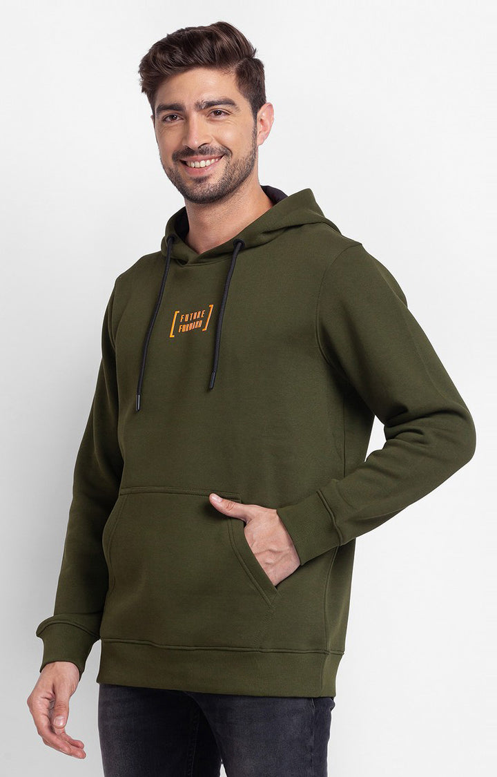 Spykar Rifle Green Cotton Full Sleeve Hooded Sweatshirt For Men