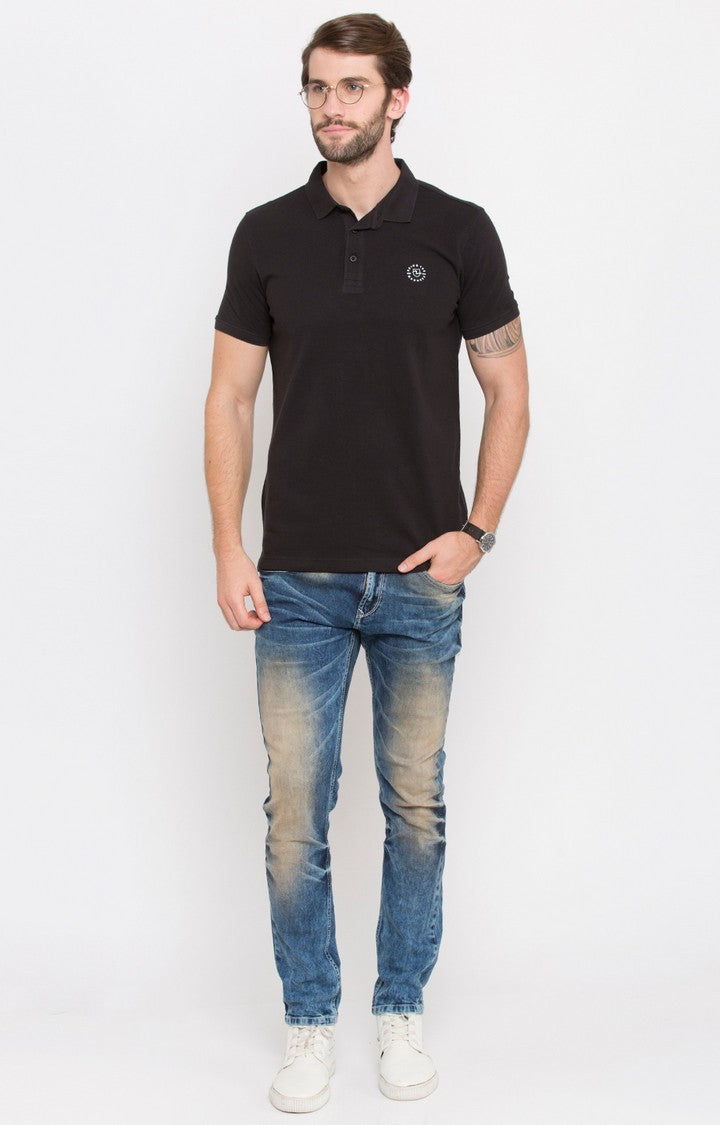 Spykar Jet Black Solid Slim Fit Polo T-Shirt