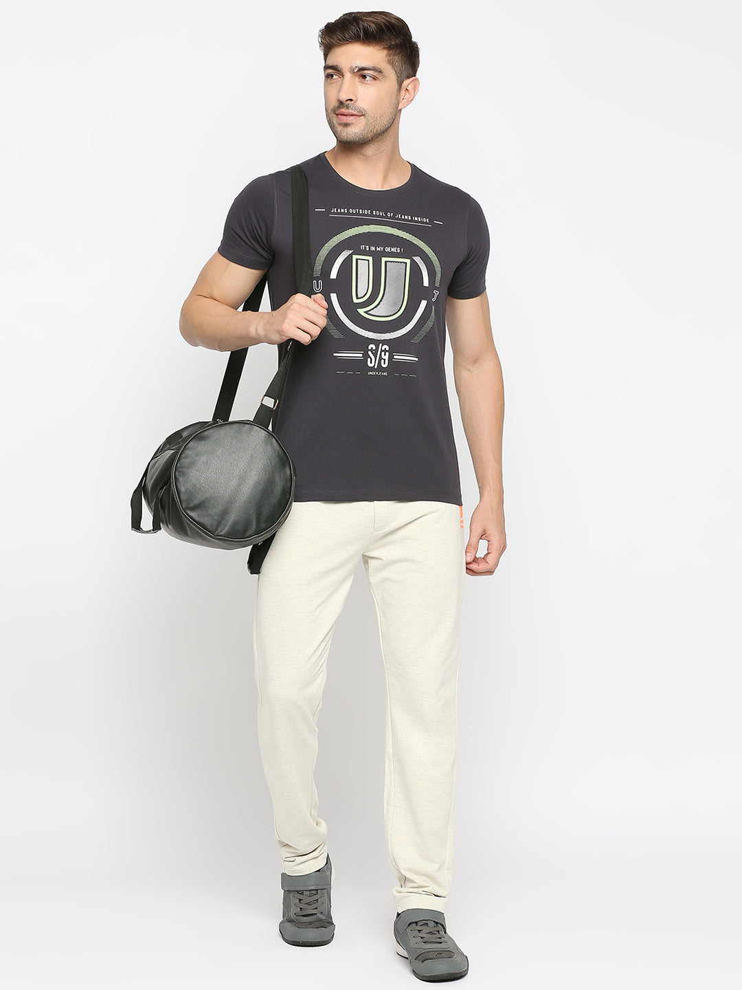 Men Premium Cotton Blend Ecrumelange Trackpant- Underjeans By Spykar