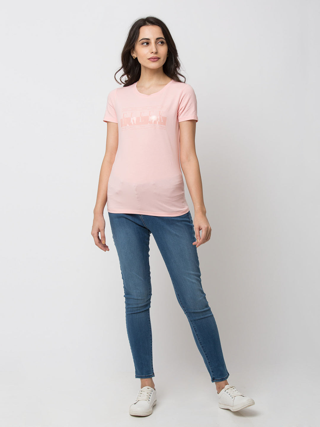 Spykar Women Pink Cotton Slim Fit Round Neck T-Shirt