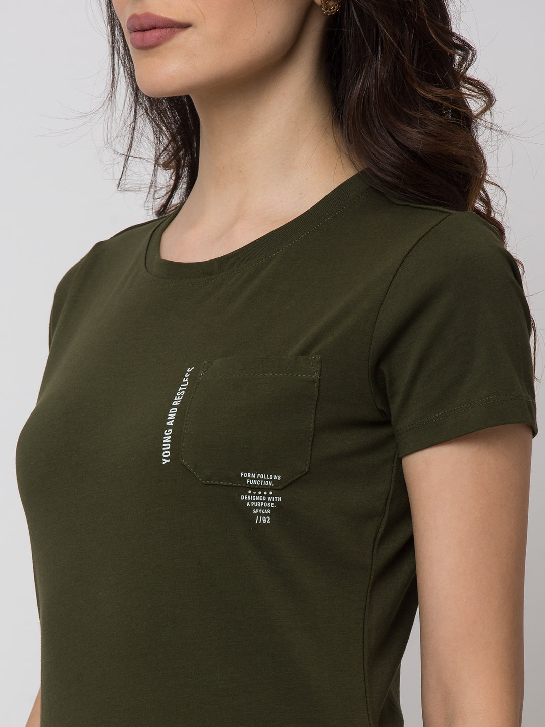 Spykar Women Green Lycra Regular Round Neck T-Shirt