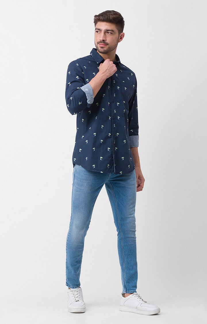 Spykar Navy Blue Cotton Full Sleeve Printed Shirt For Men