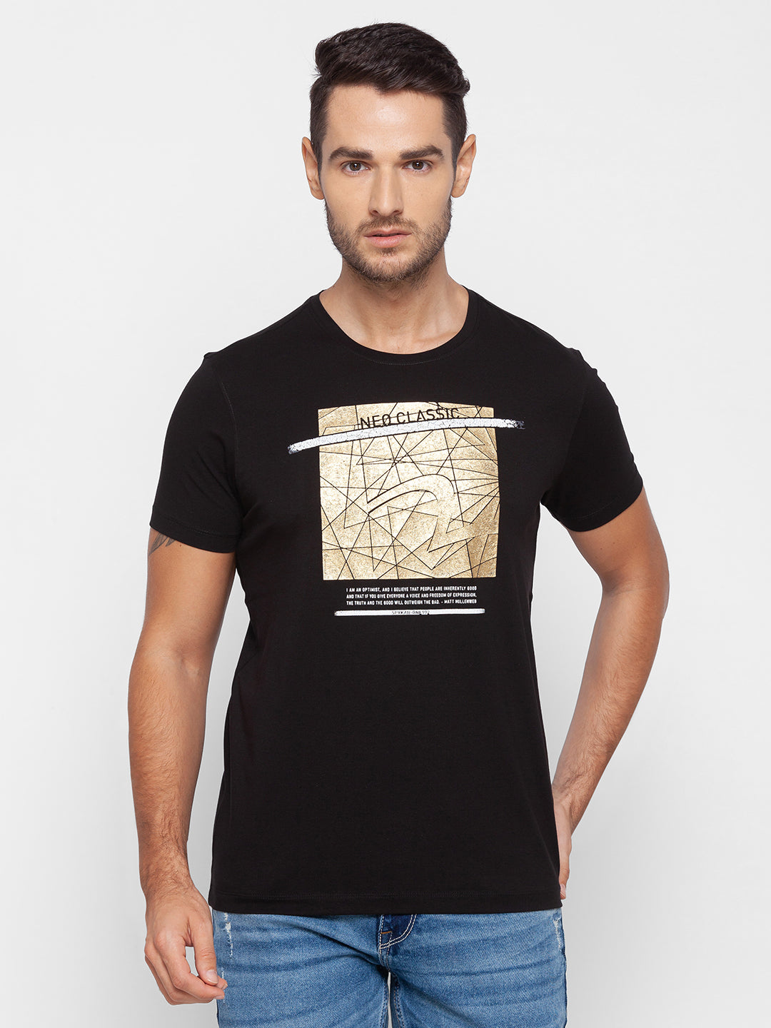 Spykar Black Cotton Men T-Shirt