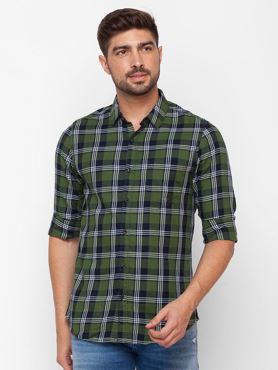 Spykar Olive Green Cotton Full Sleeve Checks Shirt For Men