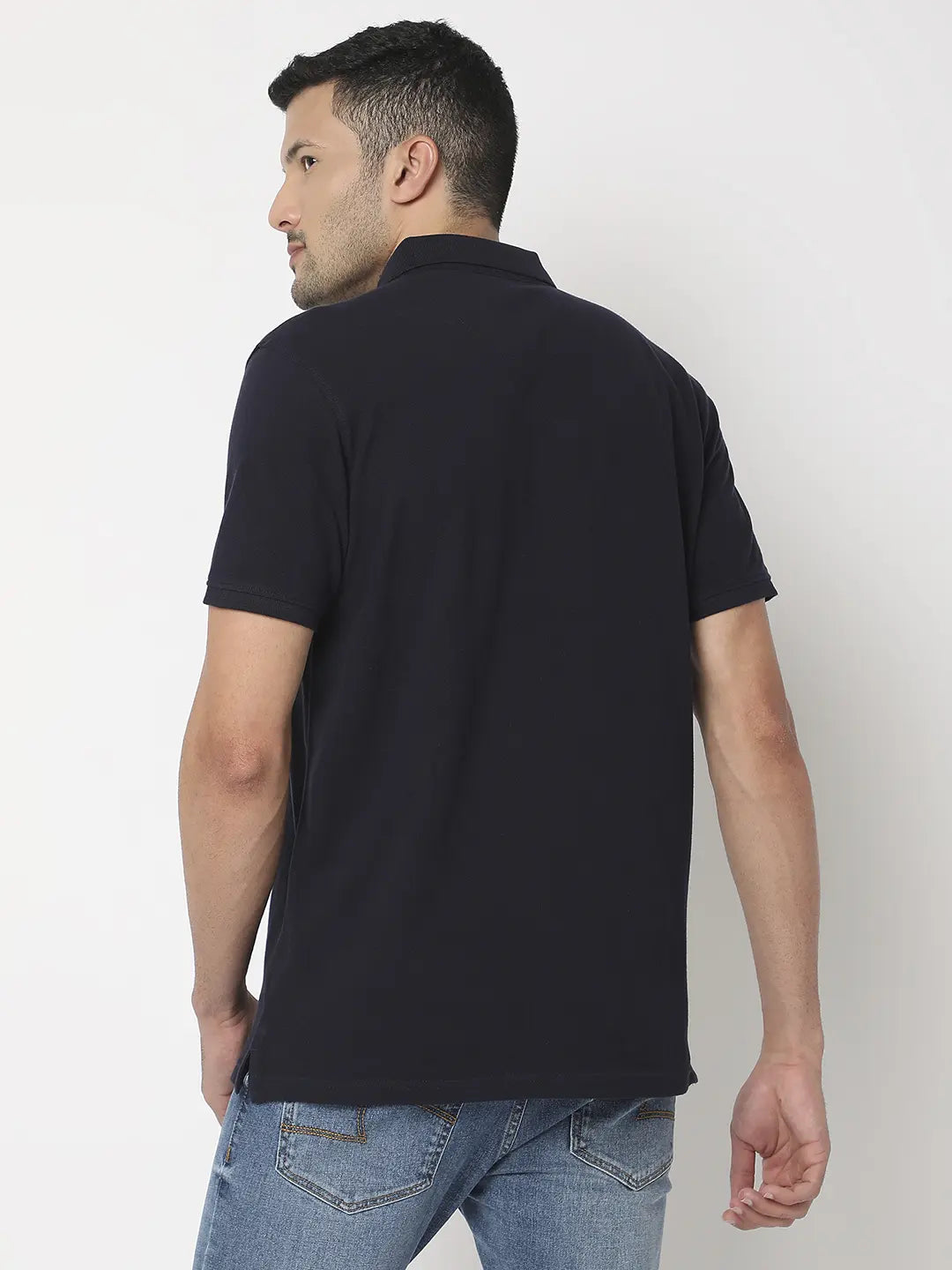 Spykar Men Navy Blue Cotton Regular Fit Plain Polo Tshirt