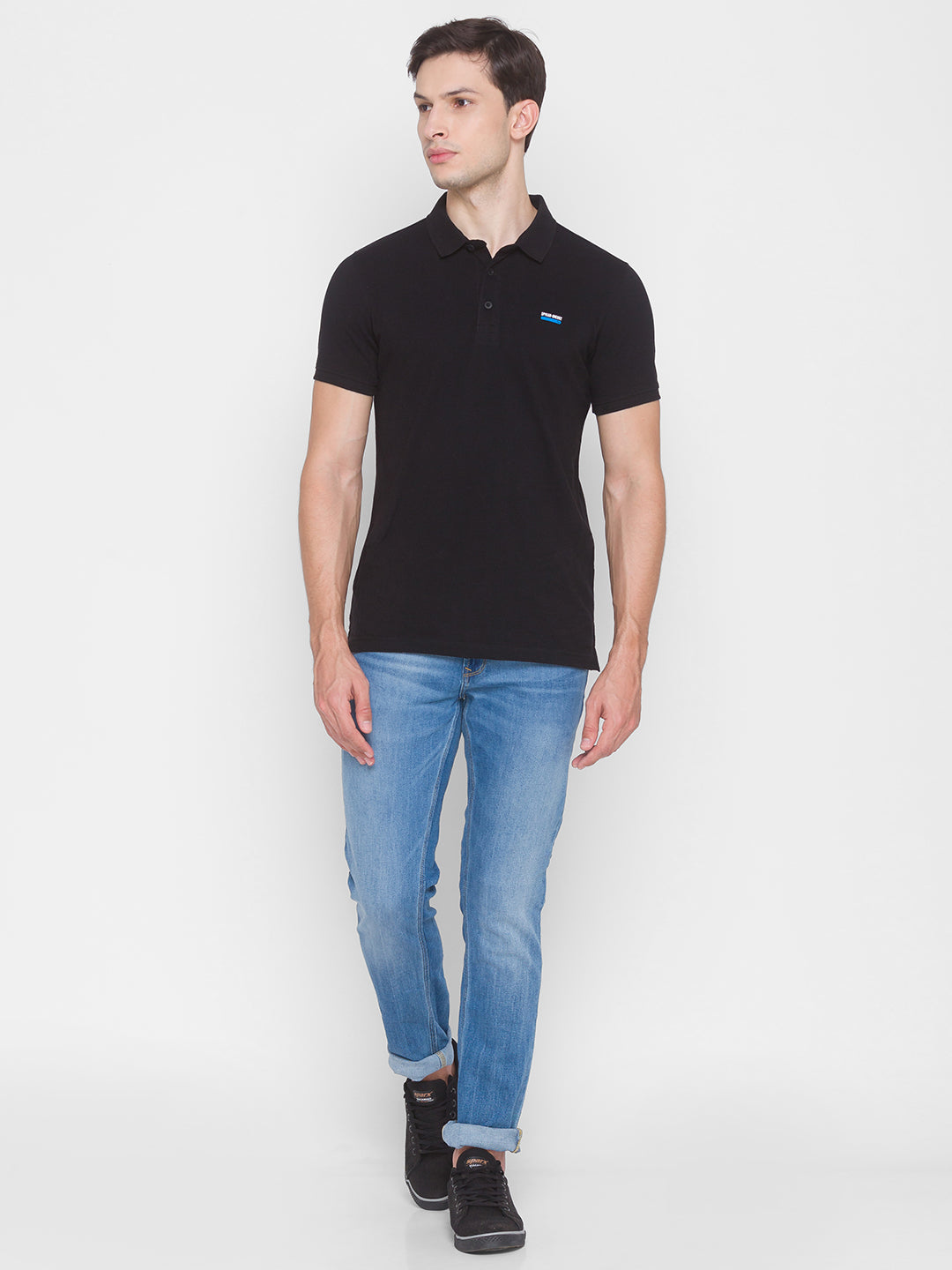 Spykar Men Black Cotton Slim Fit Polo T-Shirt