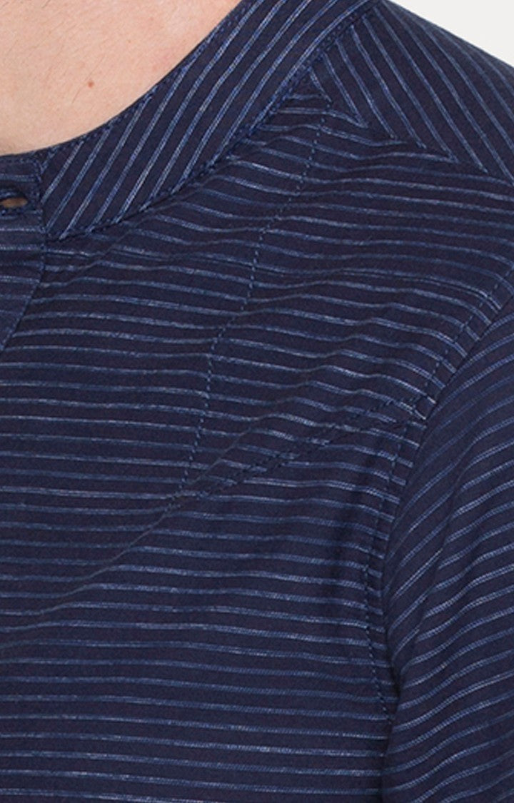 Spykar Men'S Blue Cotton Striped Casual Shirts