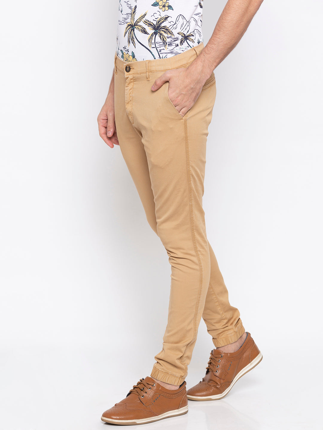 Spykar Men Yellow Cotton Slim Fit Casual Trousers