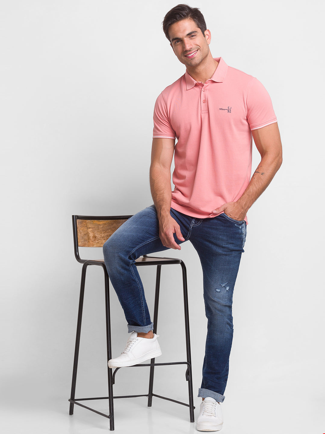 Spykar Dusty Pink Cotton Half Sleeve Plain Casual Polo T-Shirt For Men