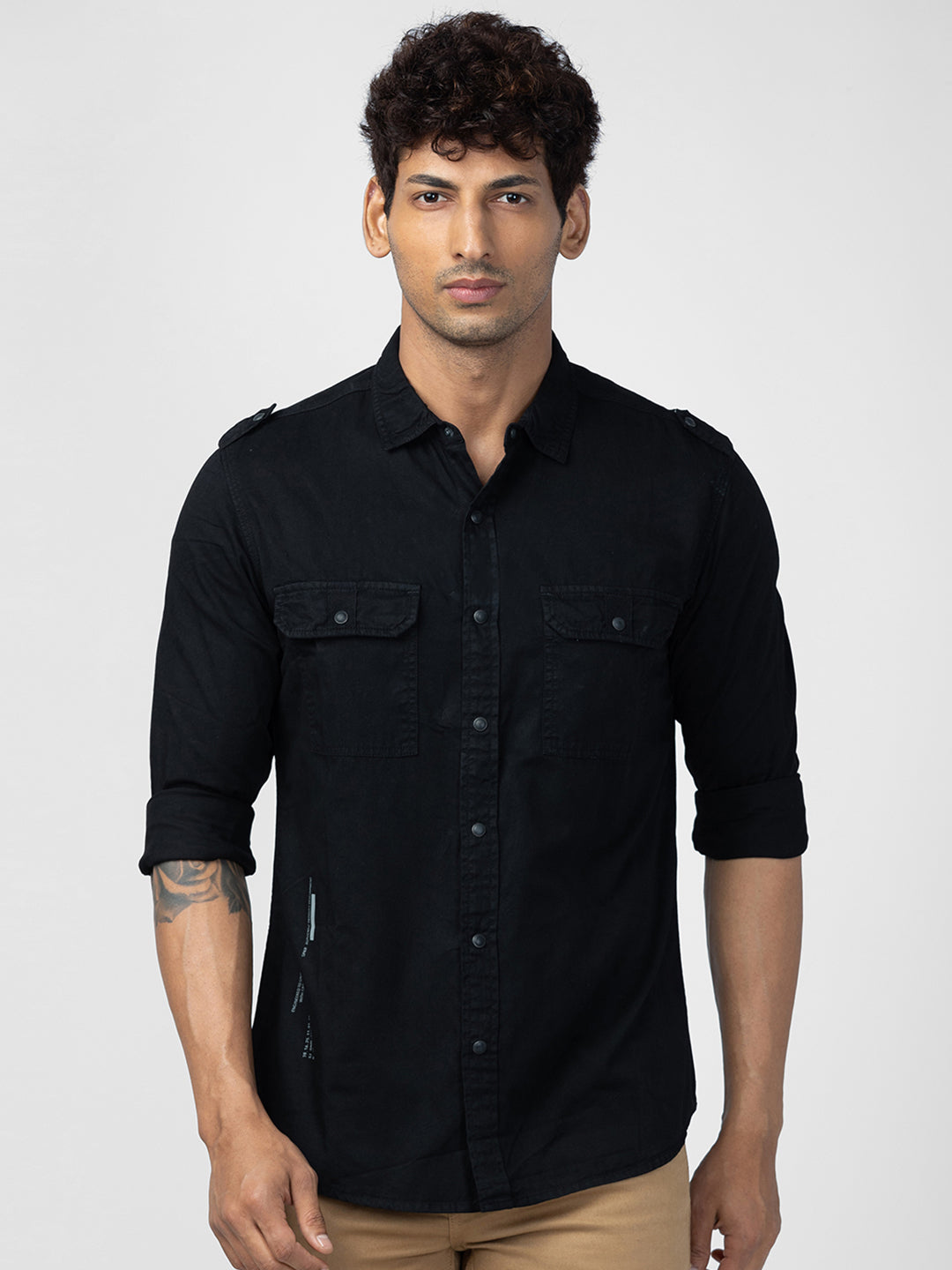 Spykar Men Black Cotton Slim Fit Plain Shirt