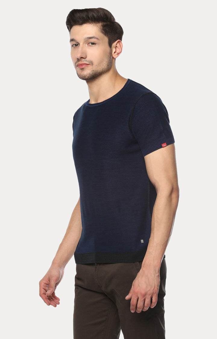 Navy Blue Solid Slim Fit Men T-Shirts