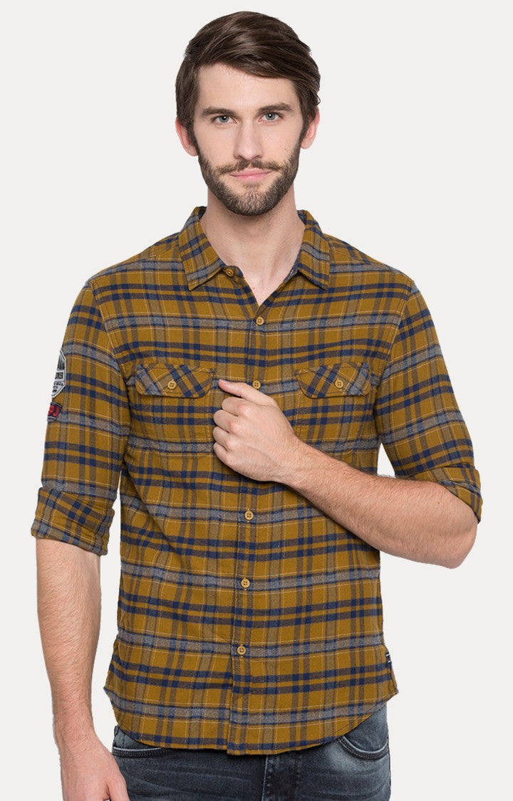 Spykar Men'S Yellow Cotton Checked Casual Shirts