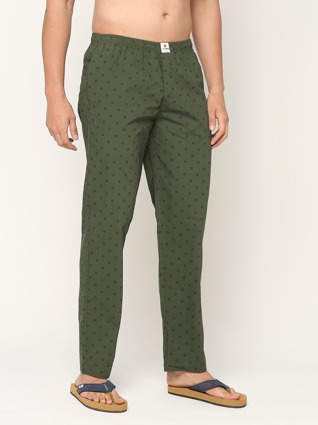 Men Premium Cotton Printed Bottle Green Pyjama- Underjeans By Spykar