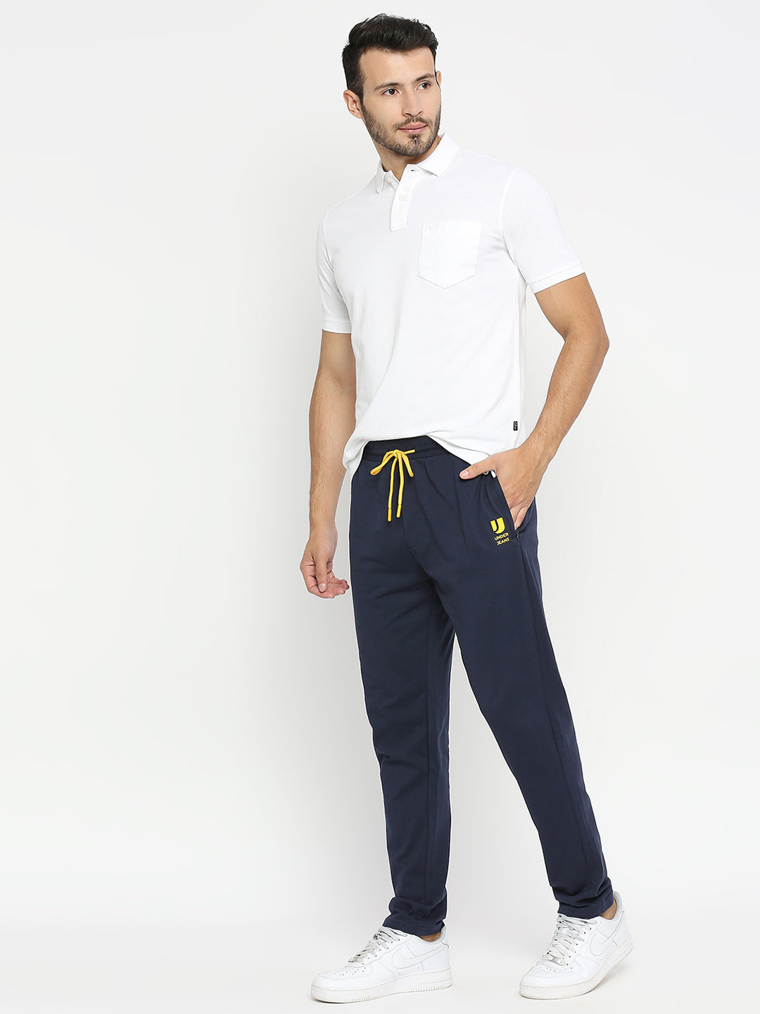 Men Premium Knitted Navy Cotton Trackpant - Underjeans By Spykar