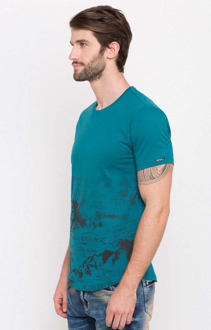 Spykar Turquoise Printed Slim Fit Men T-Shirts