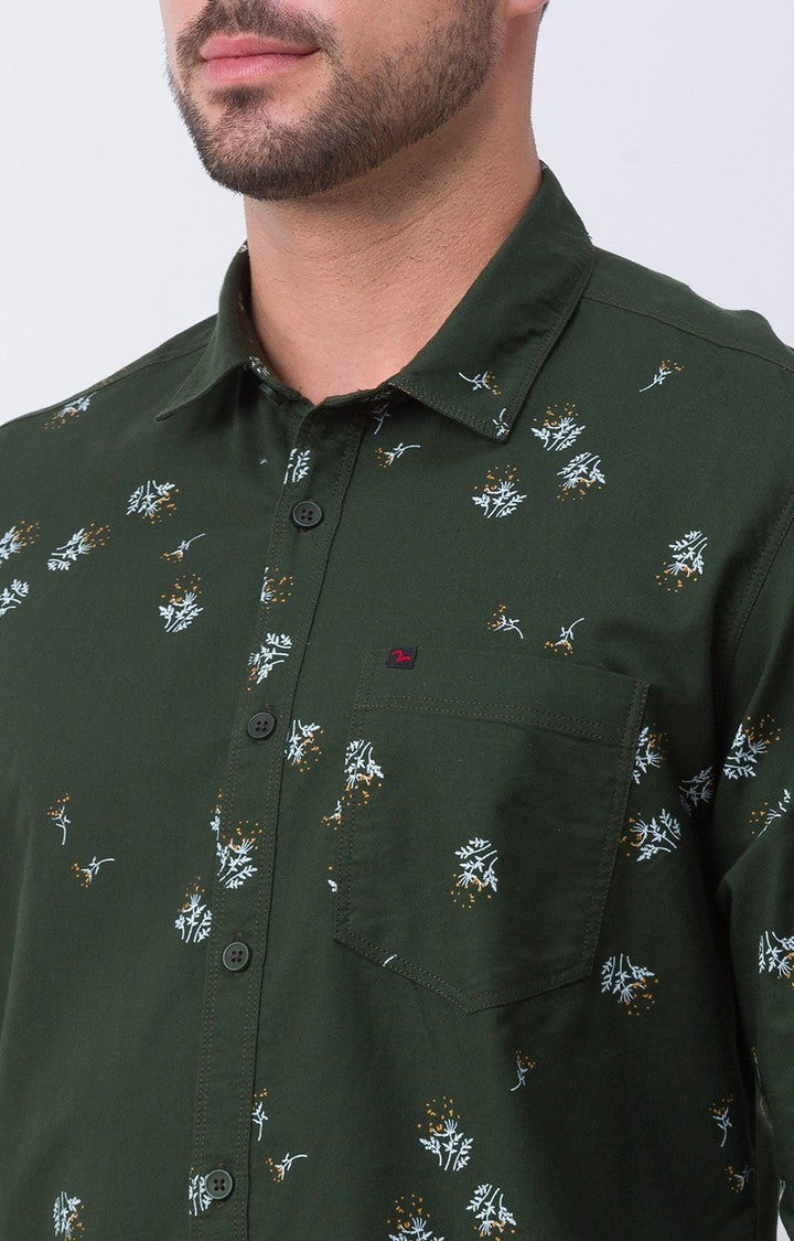 Spykar Olive Green Cotton Full Sleeve Printed Shirt For Men