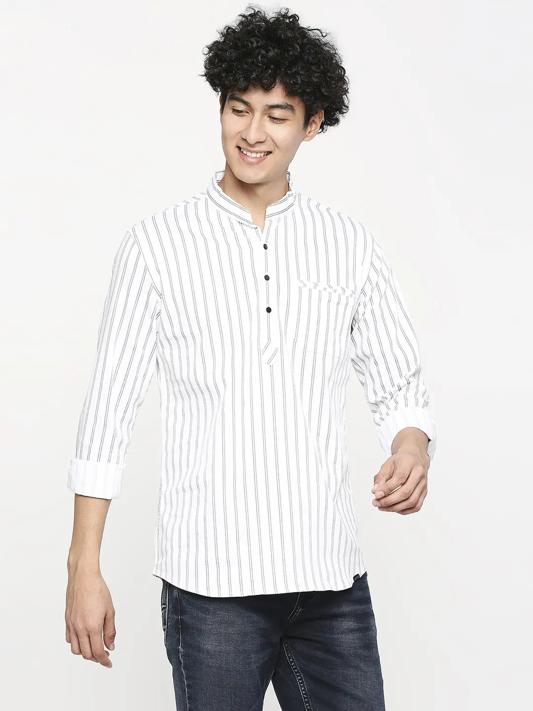 Spykar White Cotton Full Sleeve Striped Kurta