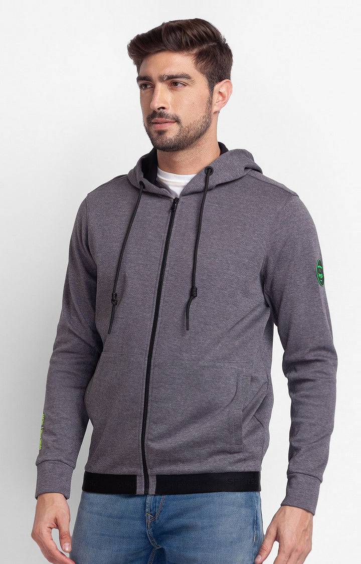 Spykar Anthra Melange Cotton Full Sleeve Hooded Sweatshirt For Men