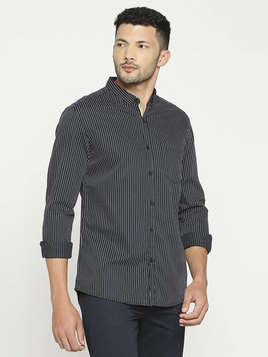 Spykar Men Navy Blue Cotton Slim Fit Striped Shirt