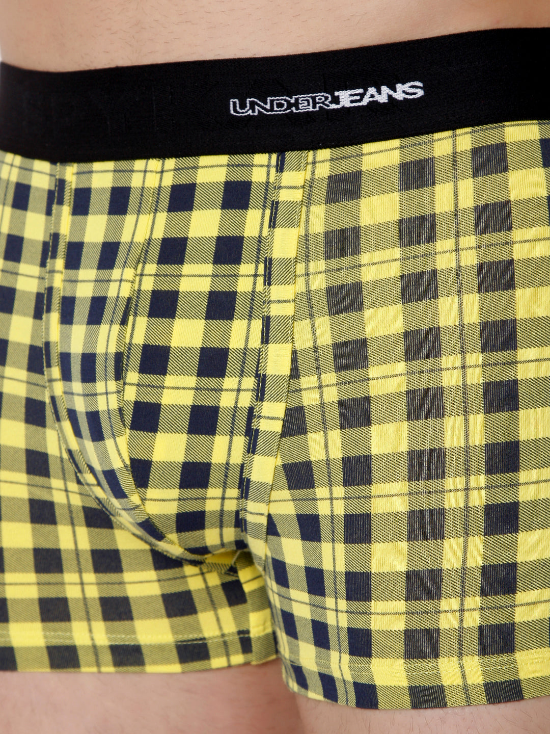 Men Premium Yellow Check Cotton Blend Trunk- Underjeans By Spykar