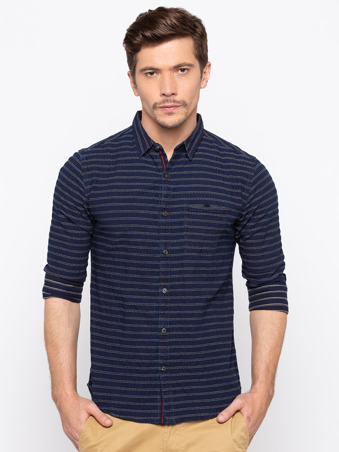 Spykar Men Indigo Striped Slim Fit Casual Shirt