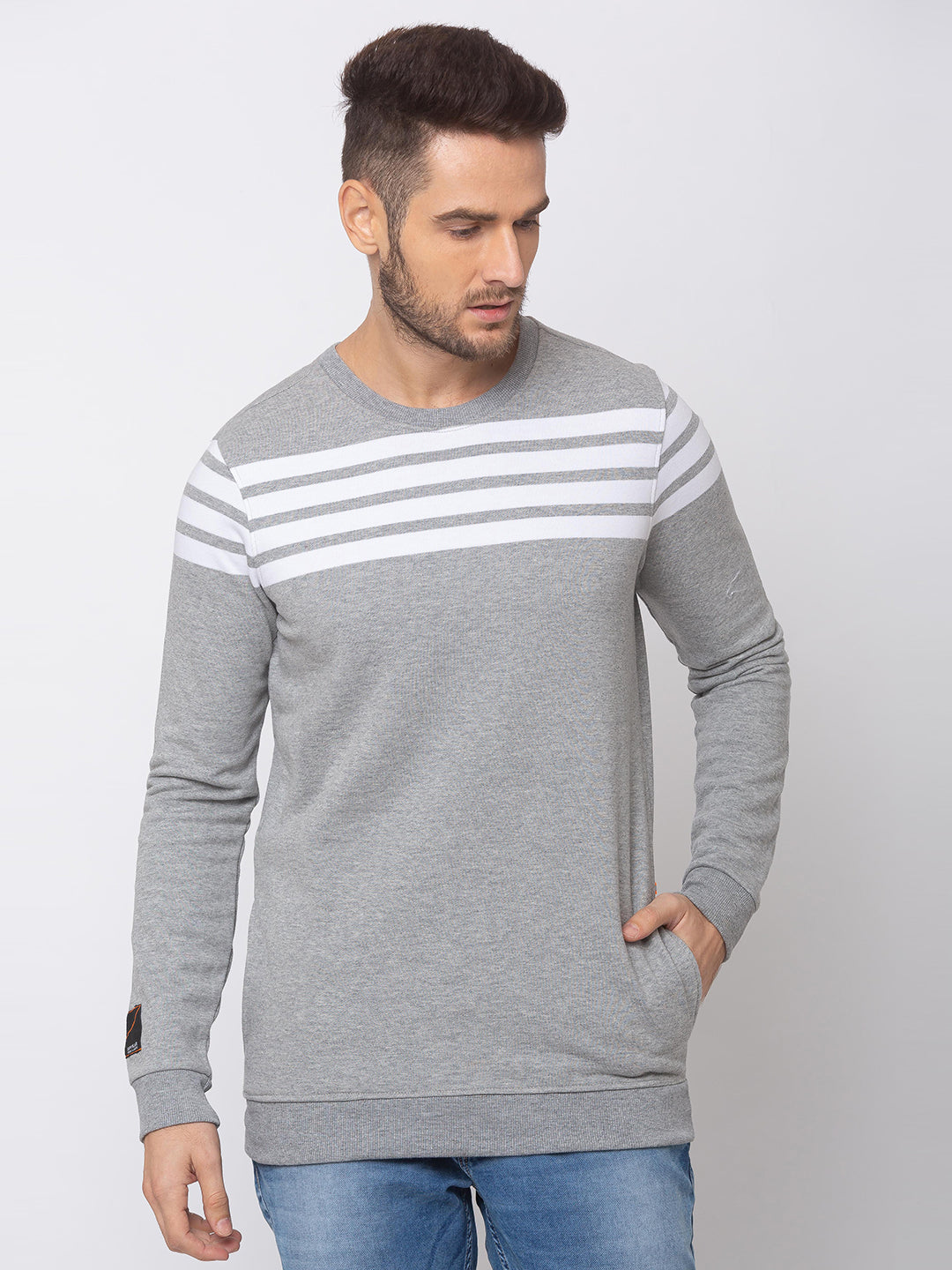 Spykar Grey Melange White Blended Slim Fit Sweatshirt For Men