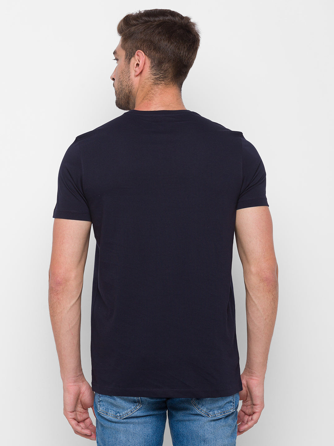 Spykar Men Navy Cotton Slim Fit Round Neck T-Shirt