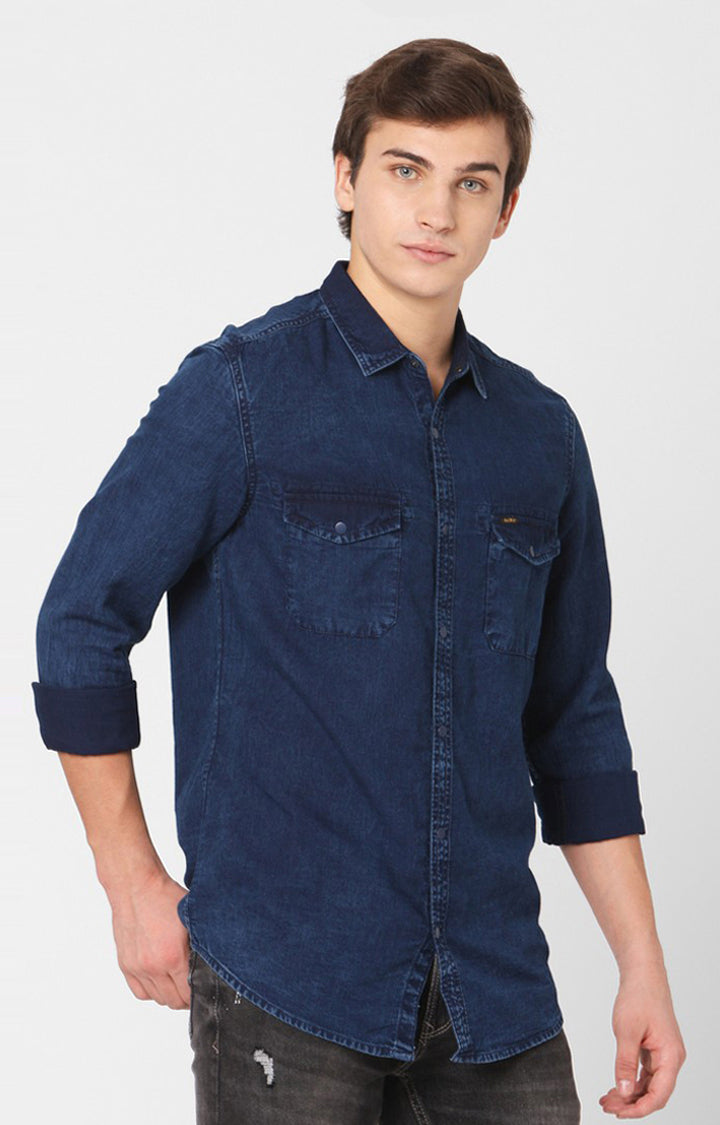 Spykar Men Dark Blue Cotton Slim Fit Denim Shirt