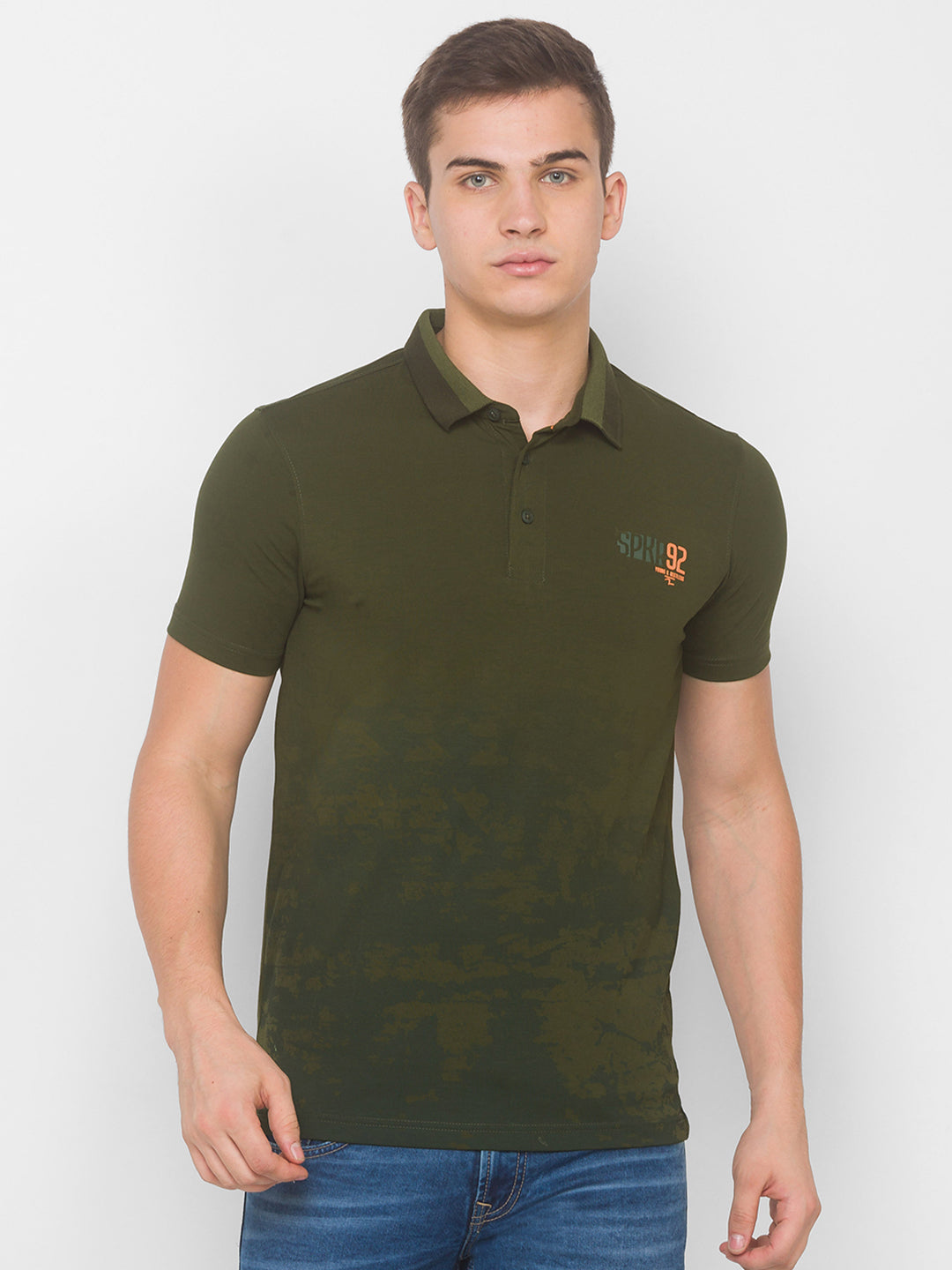 Spykar Men Green Cotton Slim Fit Polo T-Shirt