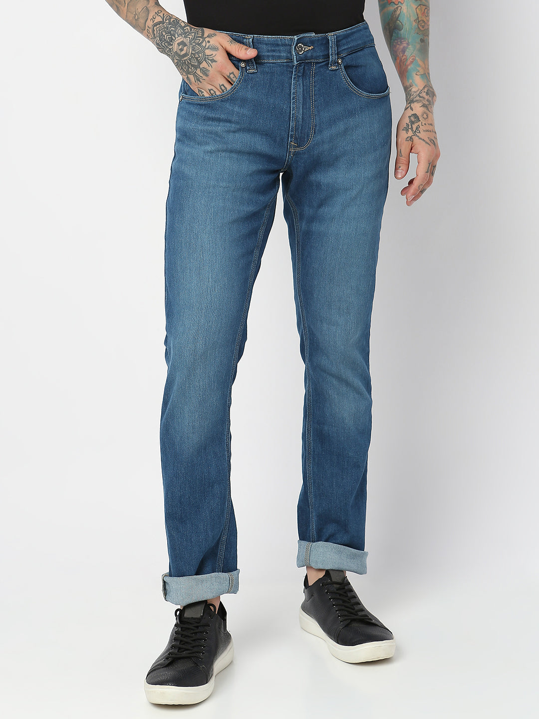 Spykar Men Mid Blue Cotton Regular Fit Narrow Length Jeans (Rover)