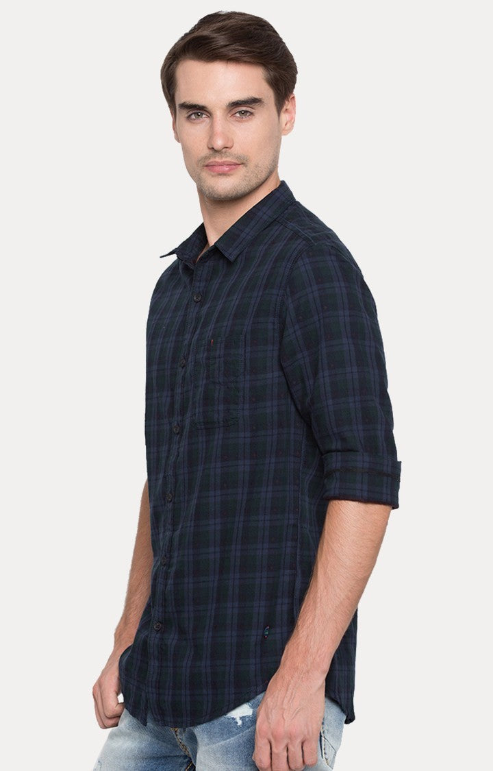 Spykar Blue Cotton Slim Fit Shirts For Men