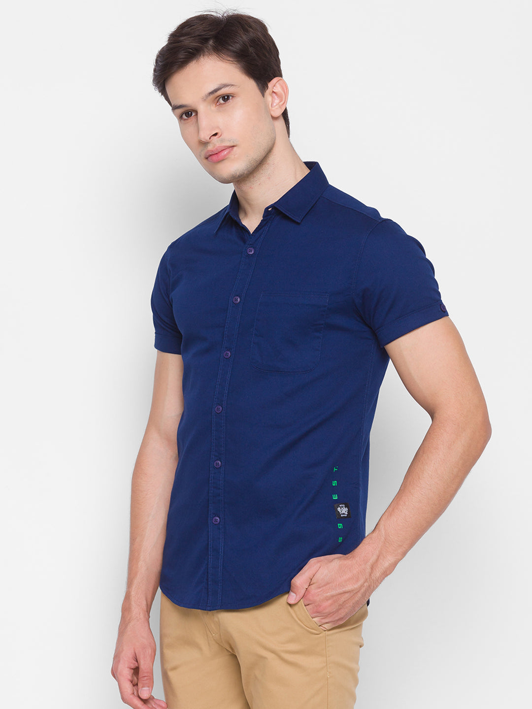 Spykar Slim Fit Blue Cotton Men Shirt