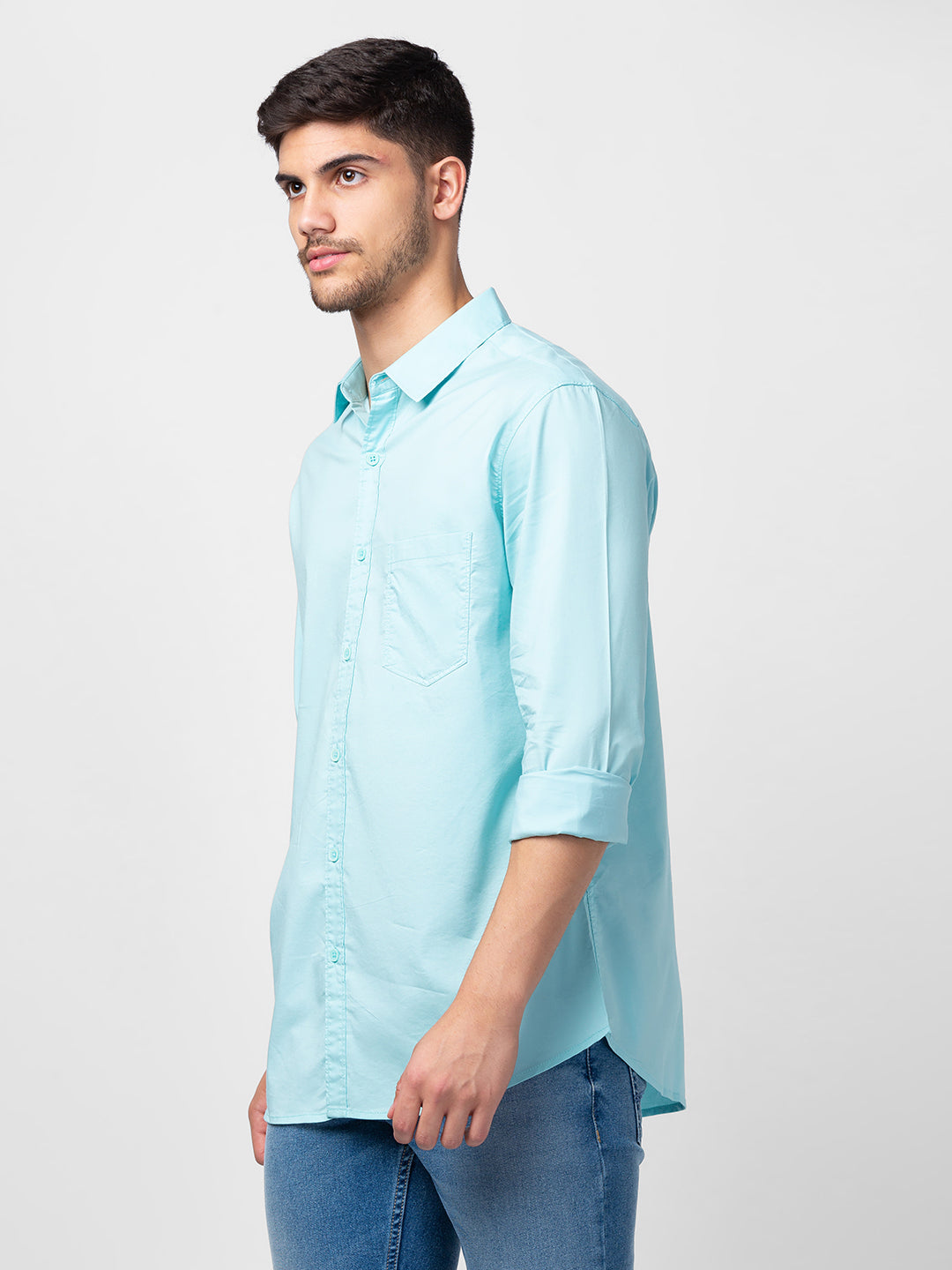 Spykar Men Bleached Aqua Cotton Slim Fit Plain Shirt