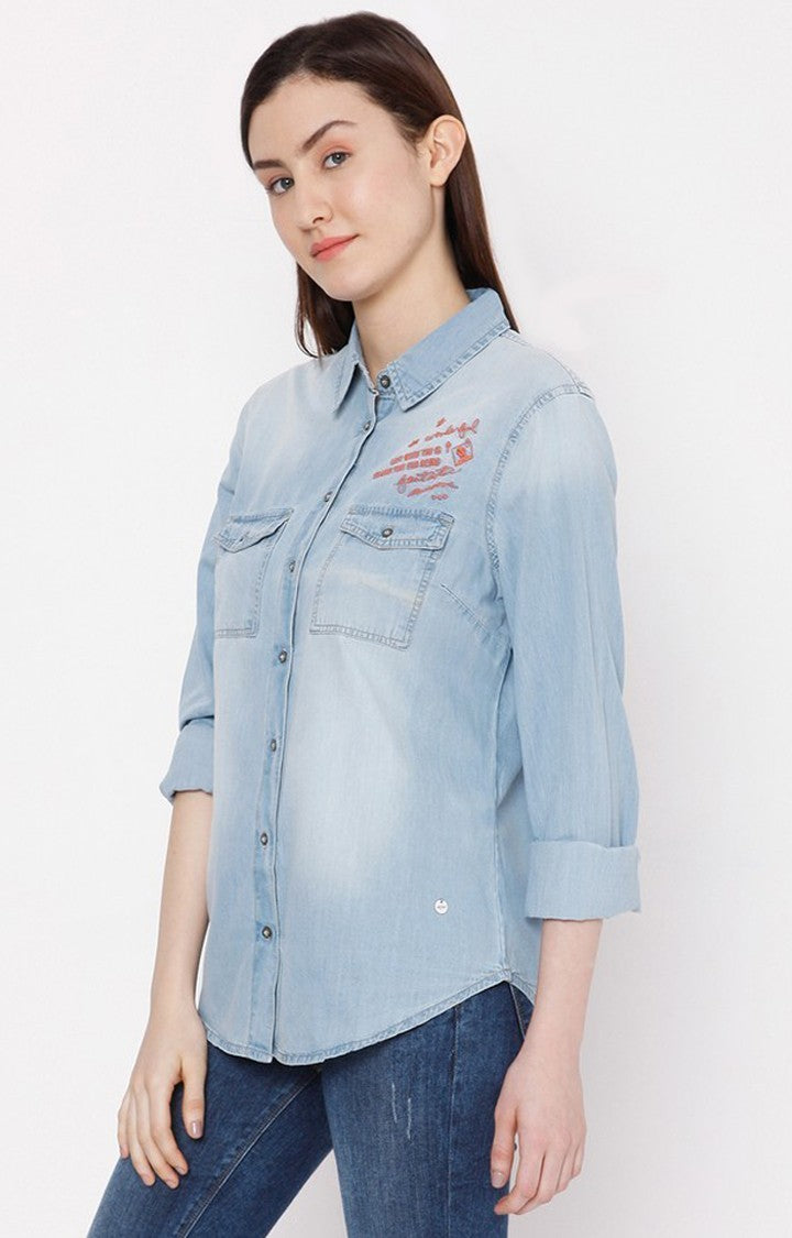 Spykar Women Light Blue Cotton Regular Fit Denim Shirt