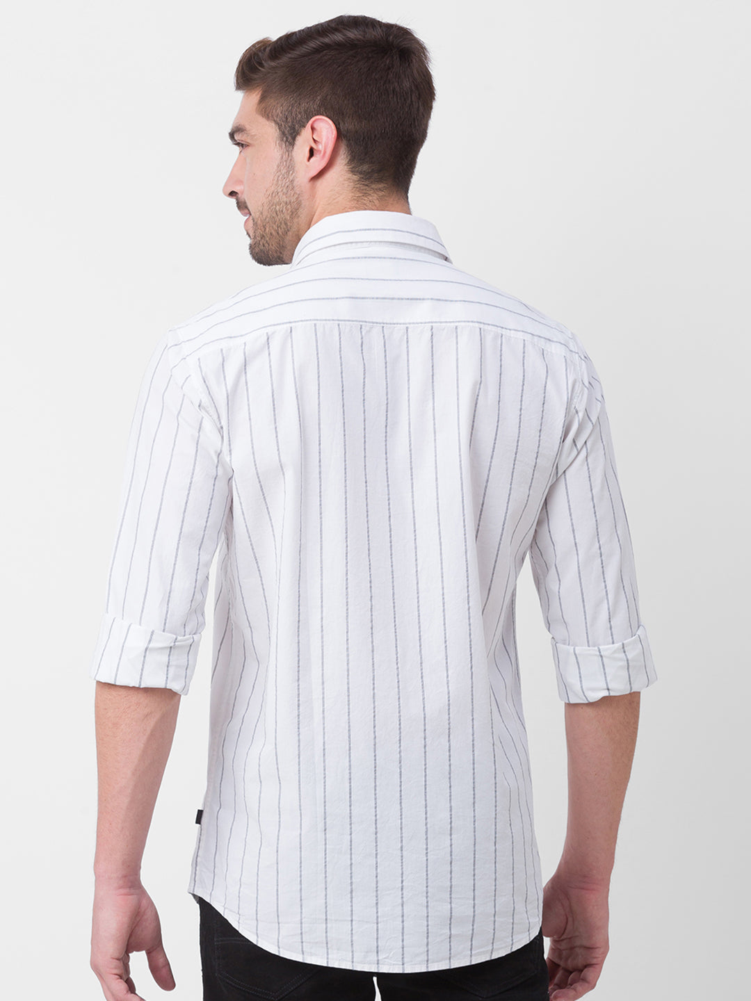 Spykar White Cotton Full Sleeve Stripes Shirt For Men